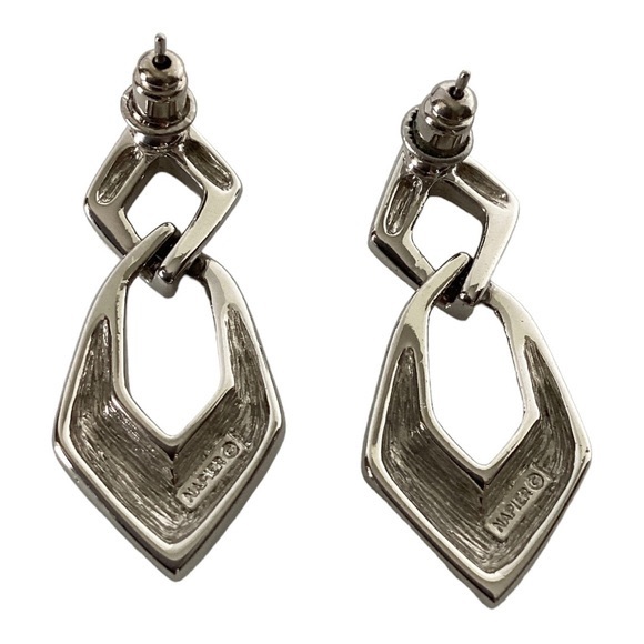 Napier Silver Tone Geometric Double Link Stack Dangle Post Earrings VTG Signed - Picture 2 of 7